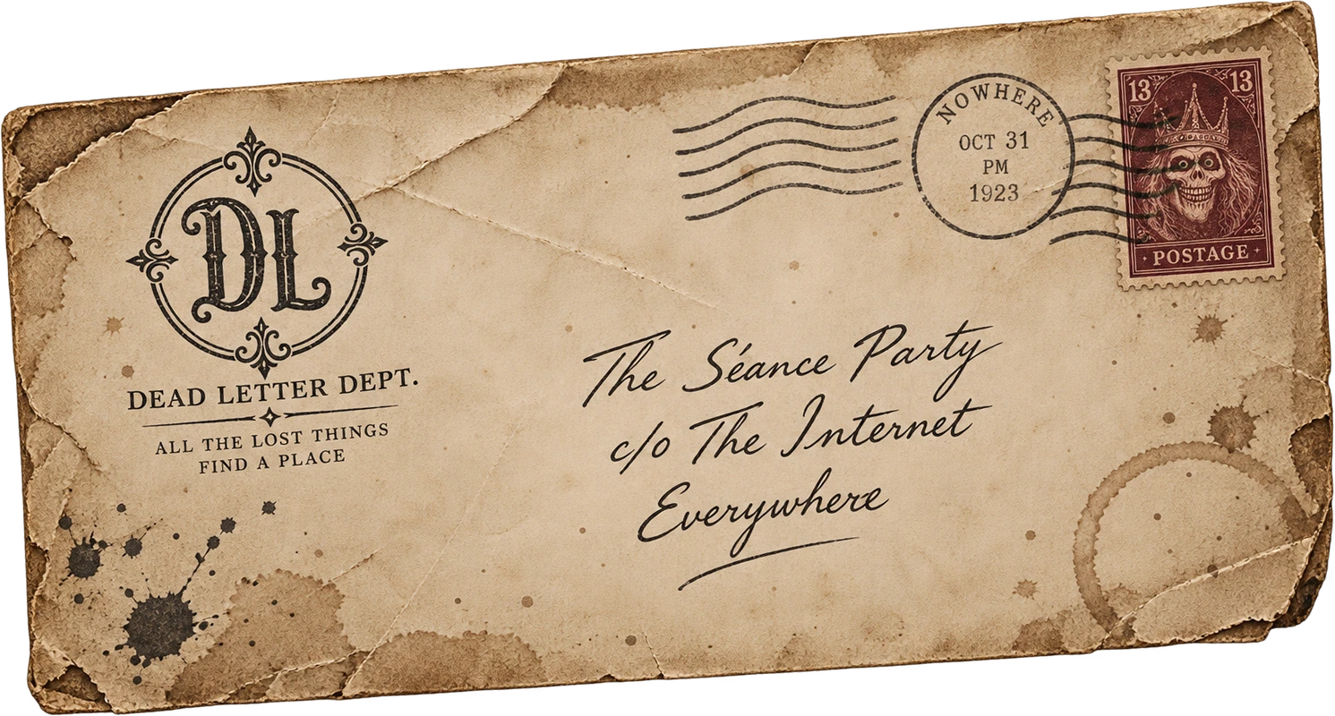 An envelope from the Dead Letter Department, postmarked Nowhere,
                      addressed in ink to The Séance Party, c/o The Internet, Everywhere